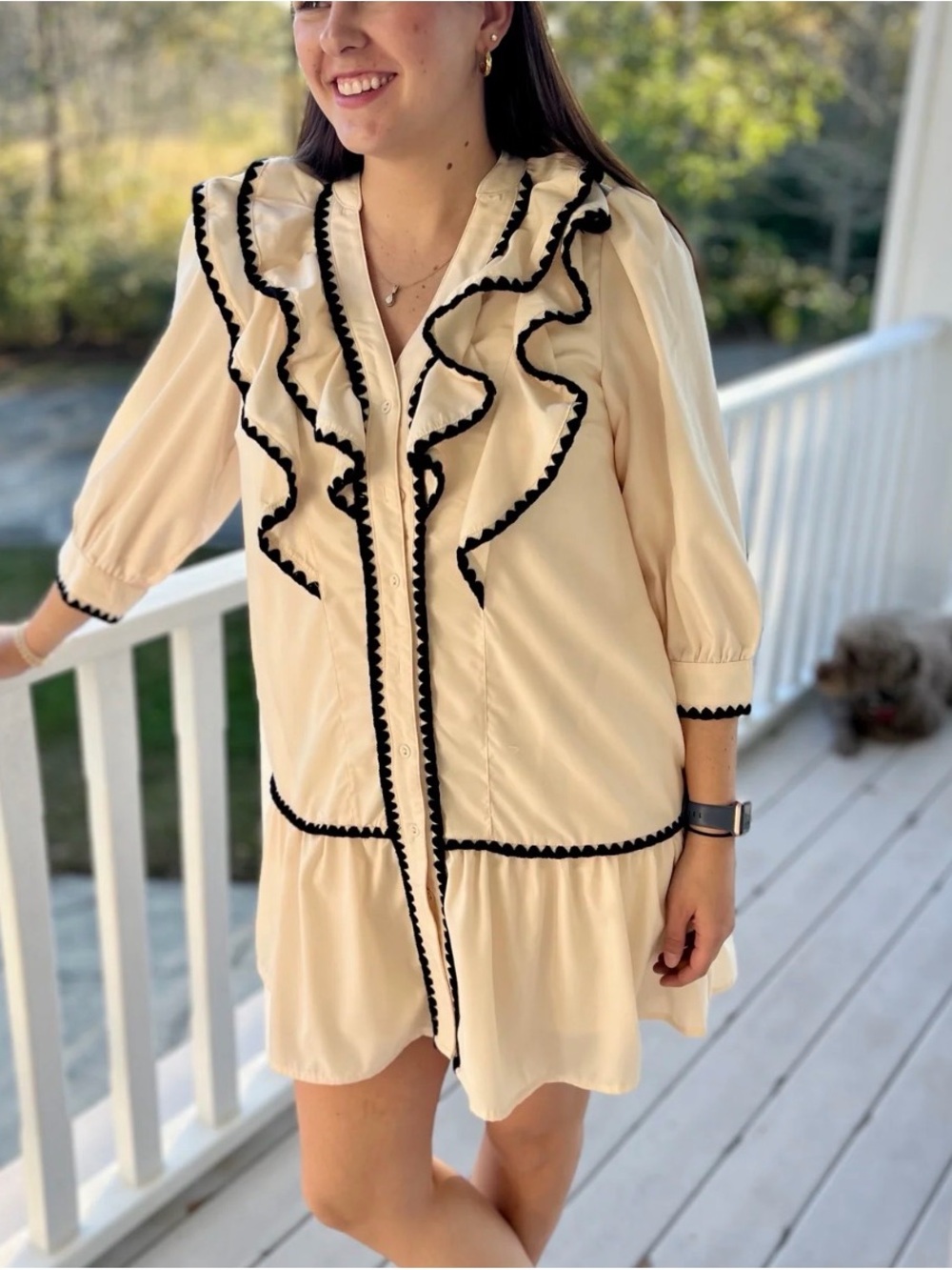 entro Cream Mini Dress with Black Trim Ruffles